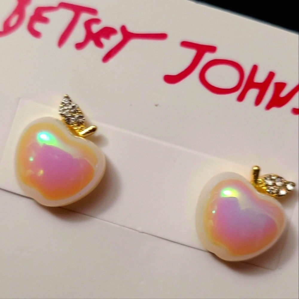 Betsey Johnson pearl apples rhinestones studs earrings elegant